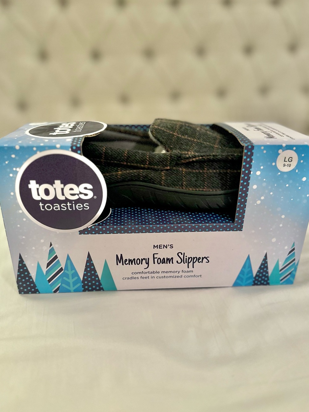Totes Men's Memory Foam Gray Plaid Slip-on Moccasin Slippers NEW size Large